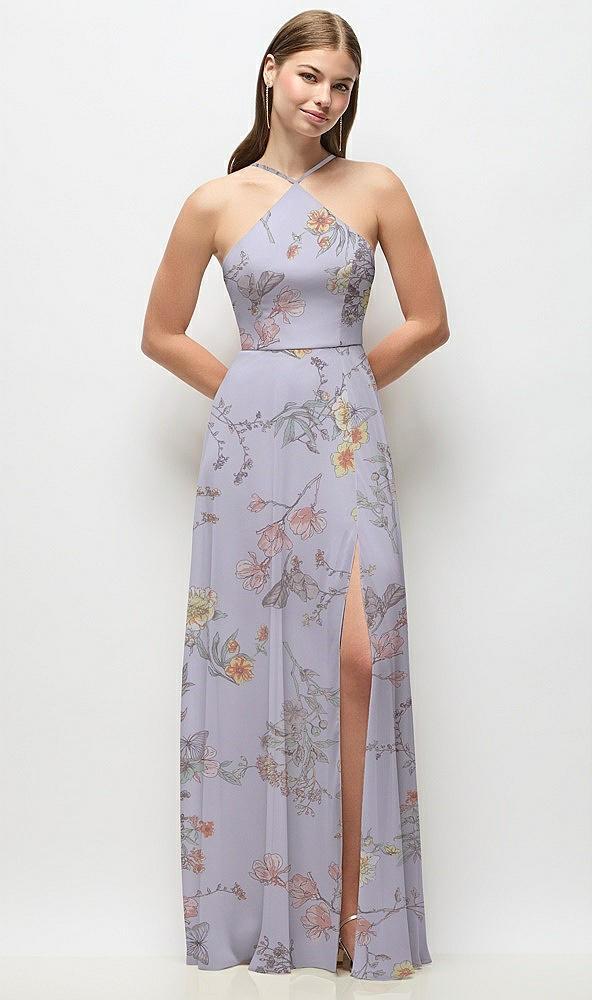 high-neck halter floral chiffon maxi dress with adjustable spaghetti straps