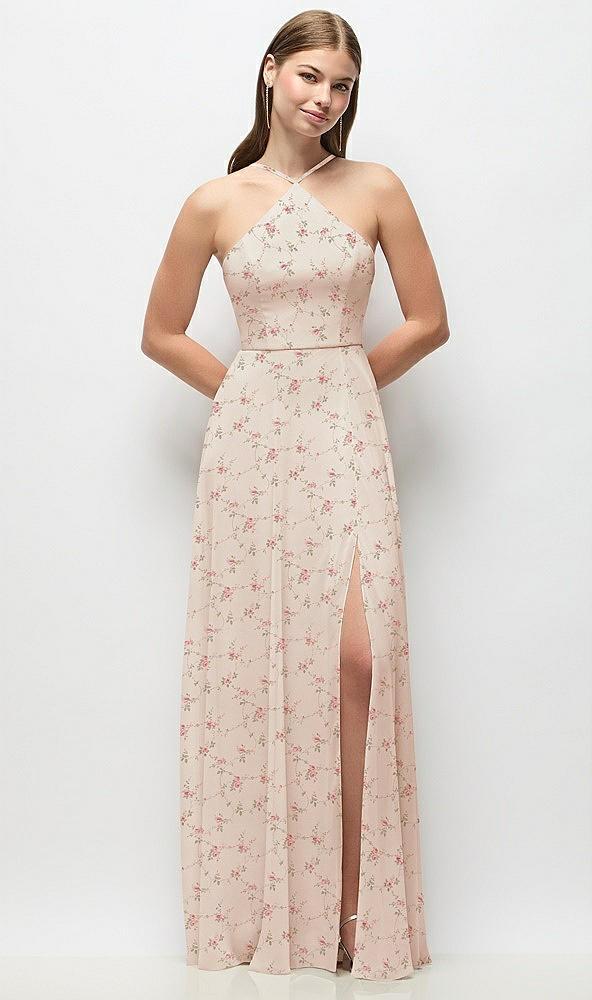high-neck halter floral chiffon maxi dress with adjustable spaghetti straps