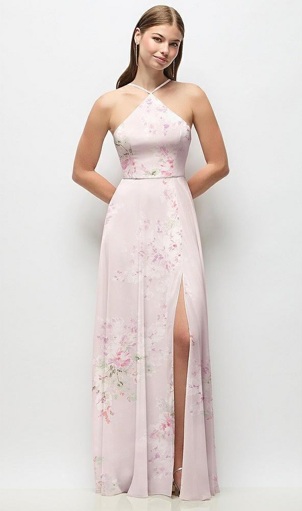 high-neck halter floral chiffon maxi dress with adjustable spaghetti straps