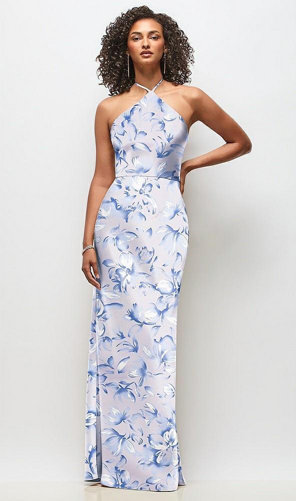 high-neck halter floral stretch satin maxi dress with bias a-line skirt