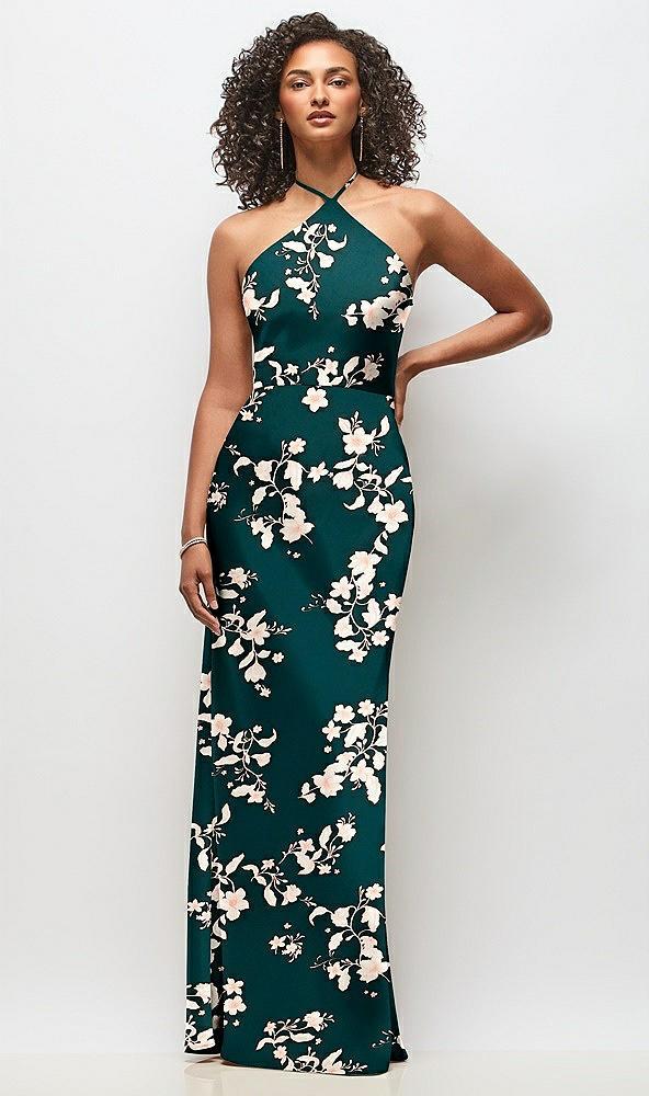 high-neck halter floral stretch satin maxi dress with bias a-line skirt