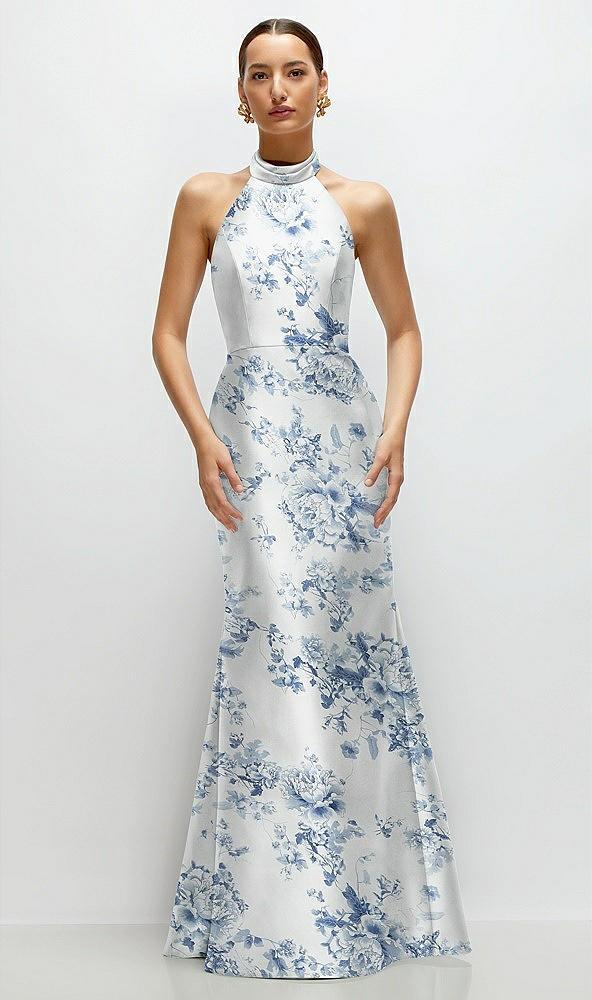 high-neck halter open-back floral satin trumpet dress