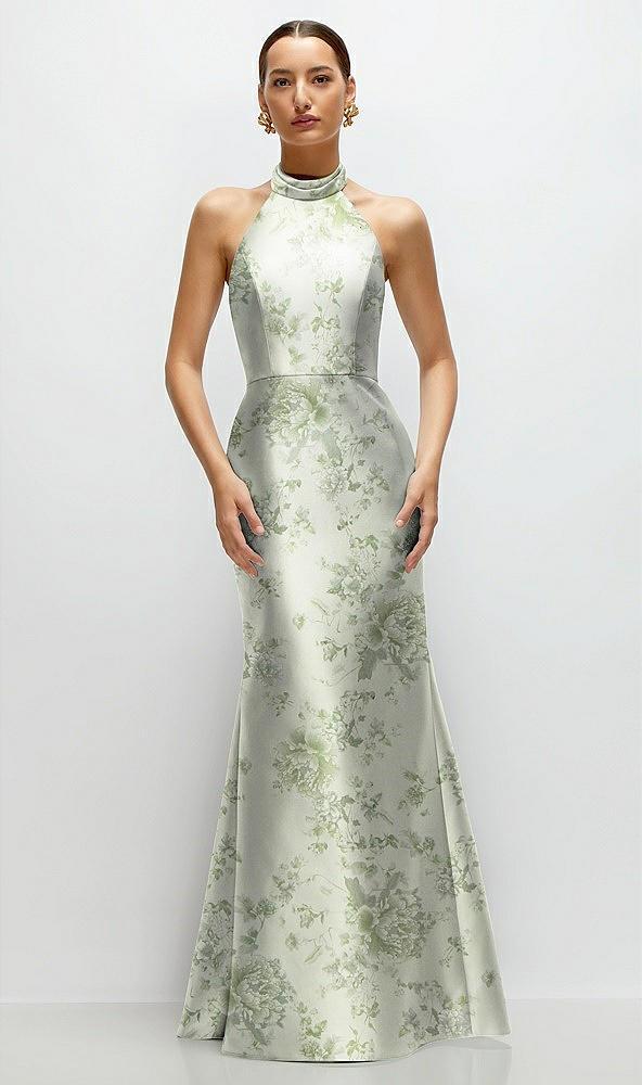 high-neck halter open-back floral satin trumpet dress