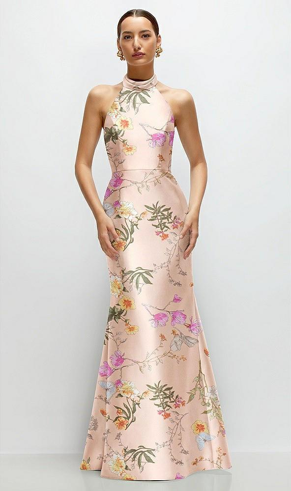 high-neck halter open-back floral satin trumpet dress