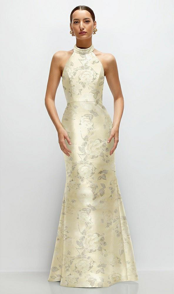 high-neck halter open-back floral satin trumpet dress