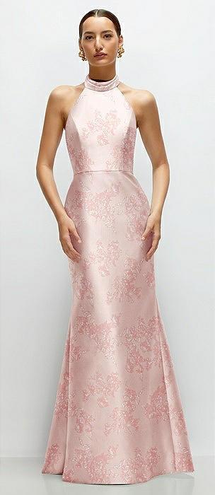 high-neck halter open-back floral satin trumpet dress