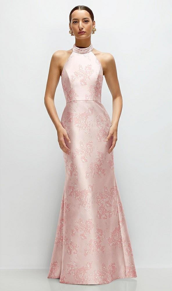 high-neck halter open-back floral satin trumpet dress
