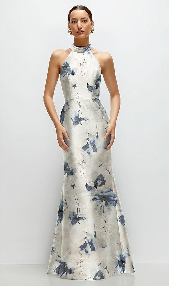 high-neck halter open-back floral satin trumpet dress