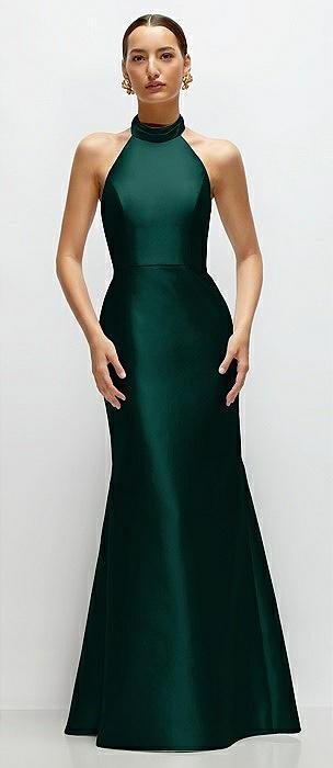 high-neck halter open-back satin trumpet dress