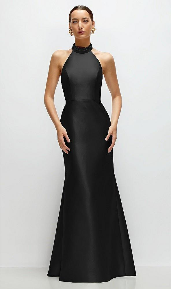 high-neck halter open-back satin trumpet dress