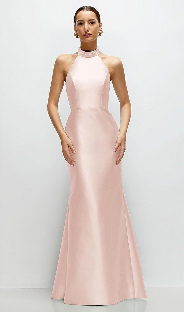high-neck halter open-back satin trumpet dress