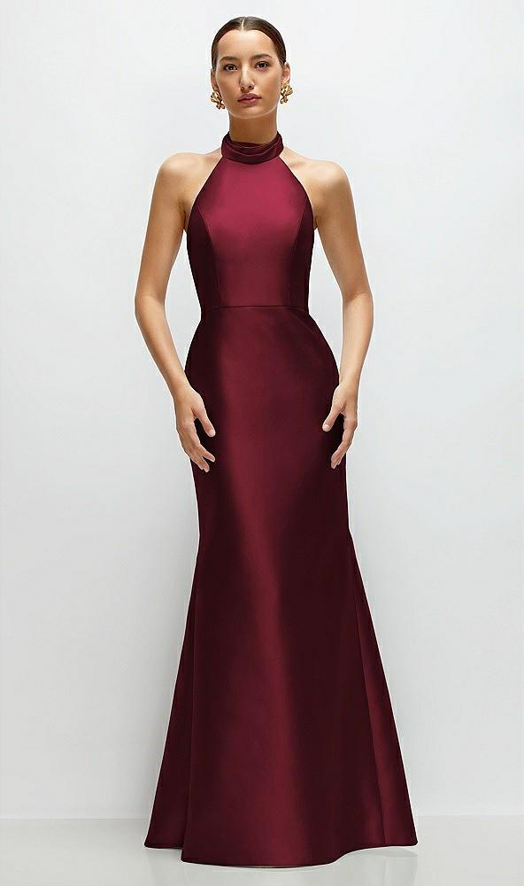 high-neck halter open-back satin trumpet dress
