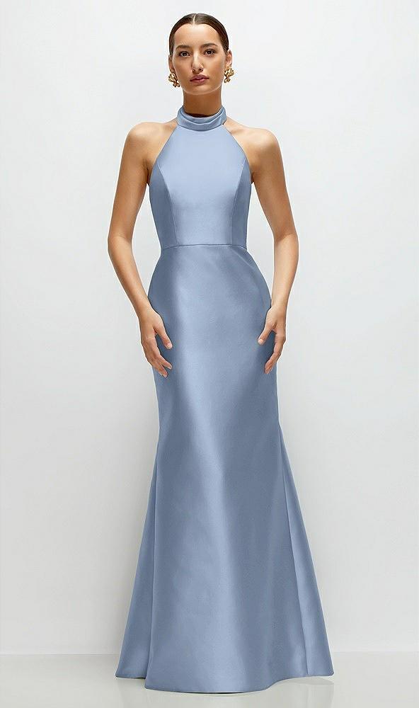 high-neck halter open-back satin trumpet dress