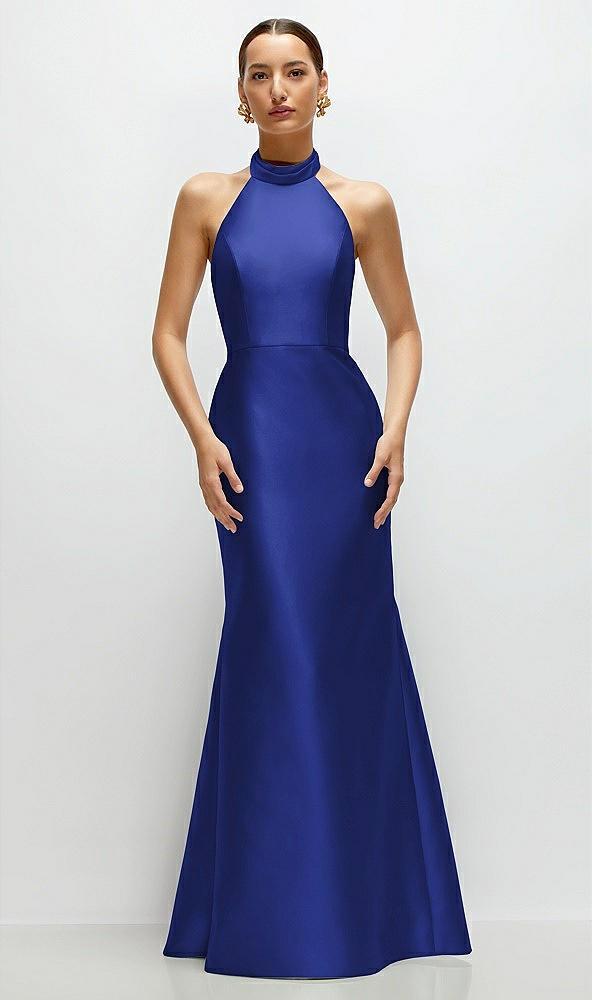 high-neck halter open-back satin trumpet dress
