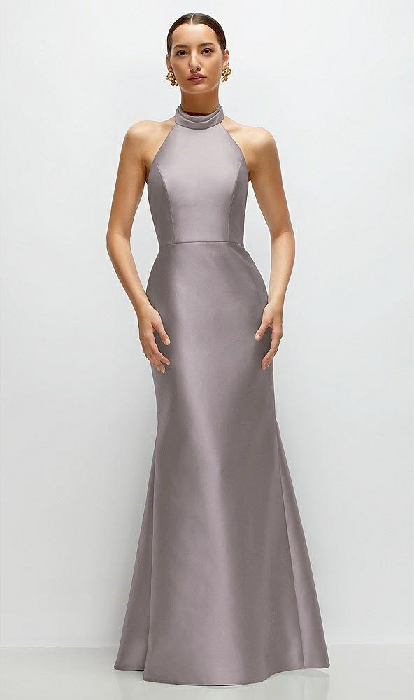 high-neck halter open-back satin trumpet dress