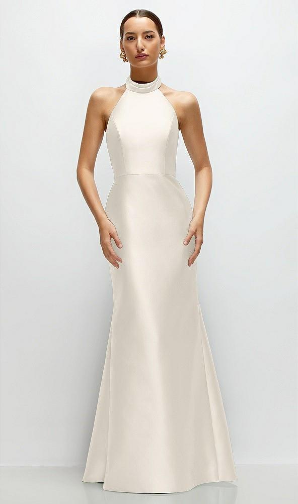 high-neck halter open-back satin trumpet dress