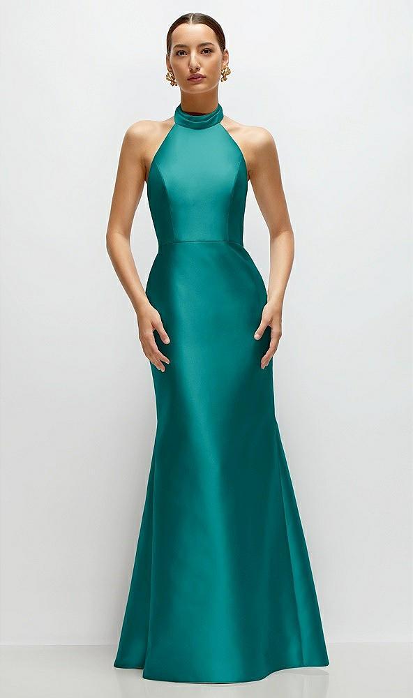 high-neck halter open-back satin trumpet dress