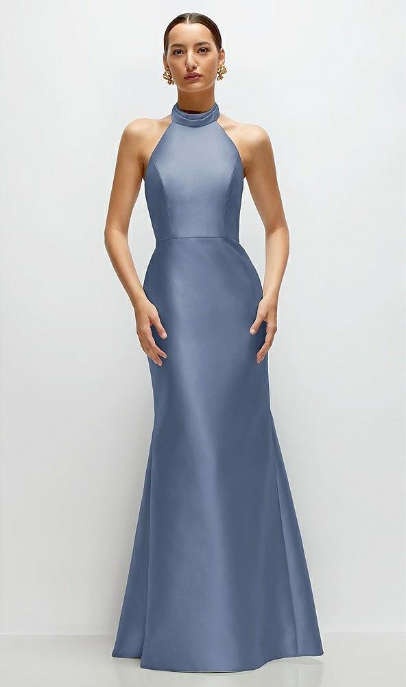 high-neck halter open-back satin trumpet dress