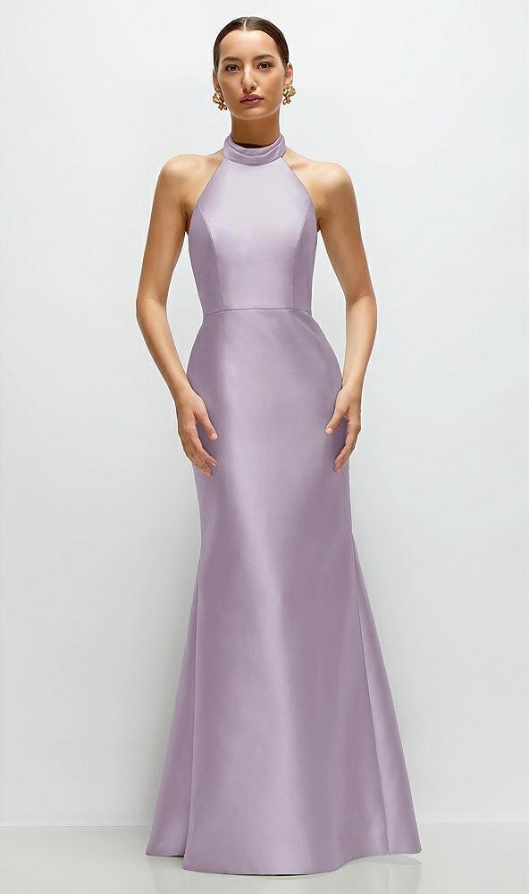 high-neck halter open-back satin trumpet dress