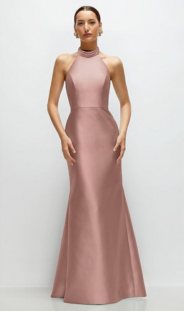 high-neck halter open-back satin trumpet dress