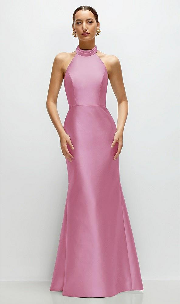 high-neck halter open-back satin trumpet dress