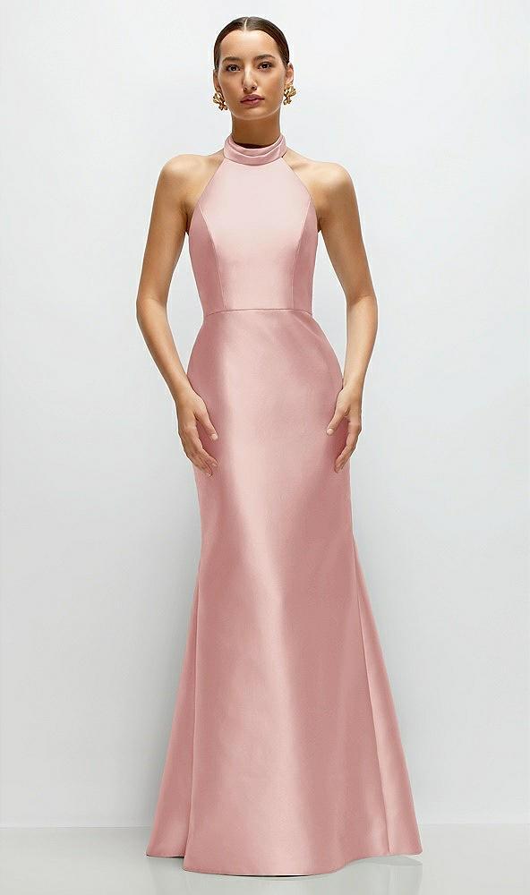 high-neck halter open-back satin trumpet dress