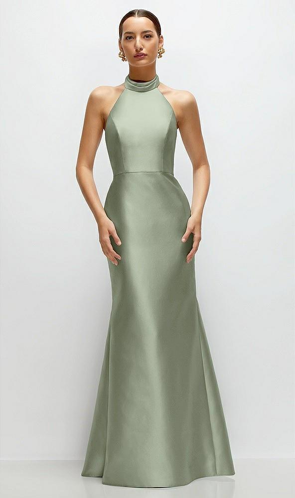 high-neck halter open-back satin trumpet dress