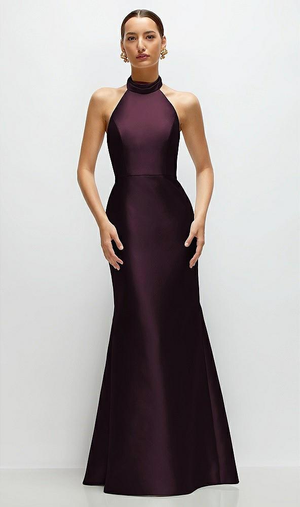 high-neck halter open-back satin trumpet dress