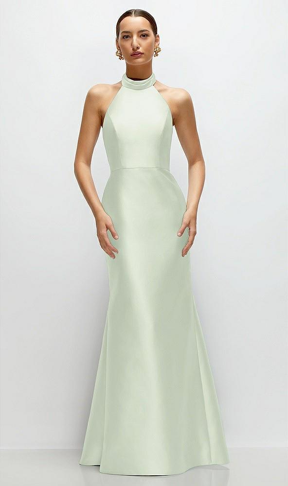 high-neck halter open-back satin trumpet dress