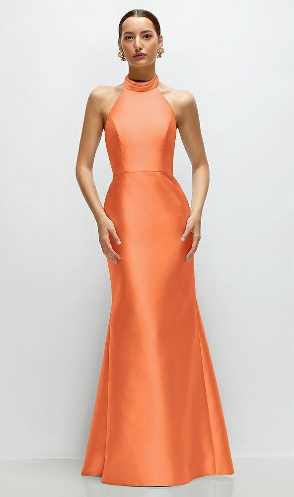 high-neck halter open-back satin trumpet dress