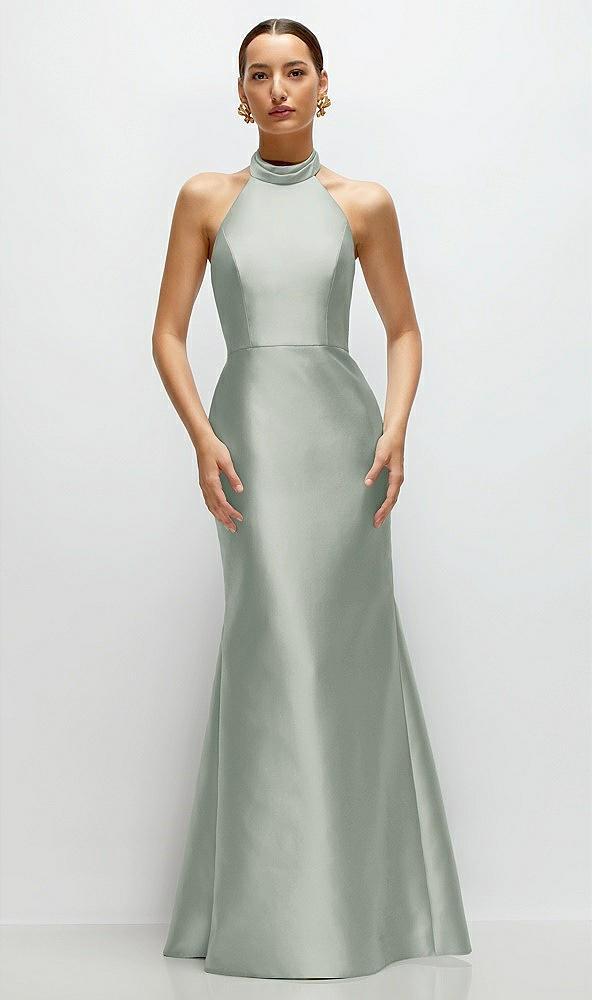 high-neck halter open-back satin trumpet dress