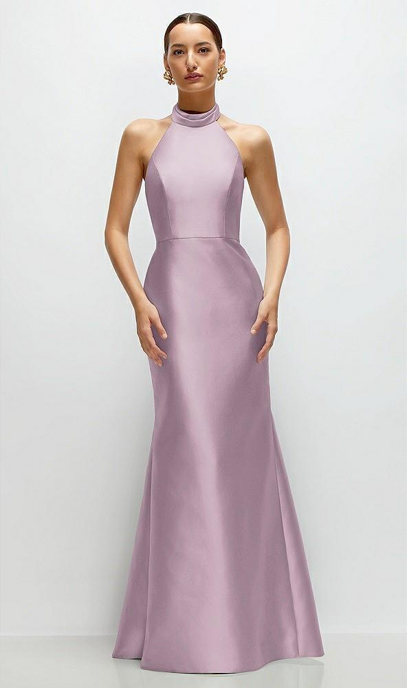 high-neck halter open-back satin trumpet dress