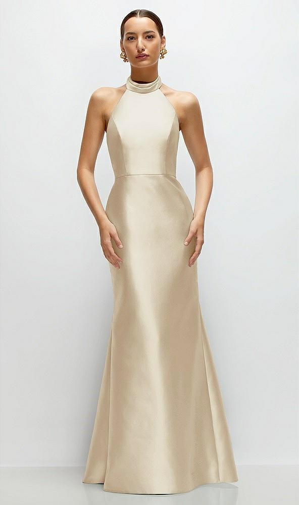 high-neck halter open-back satin trumpet dress