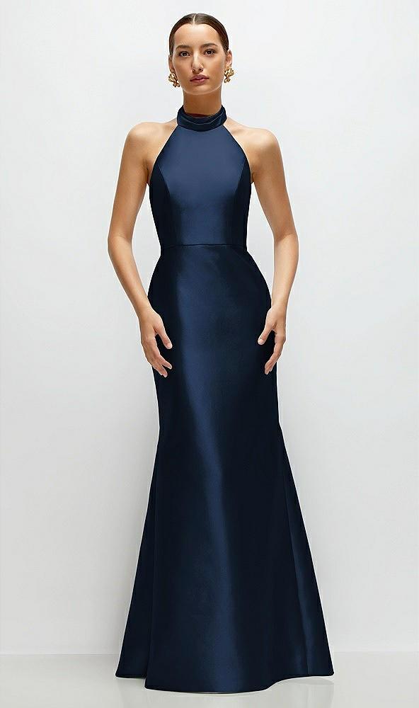 high-neck halter open-back satin trumpet dress