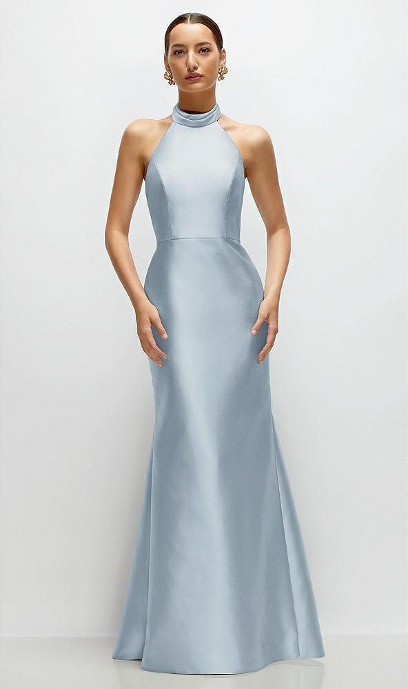 high-neck halter open-back satin trumpet dress