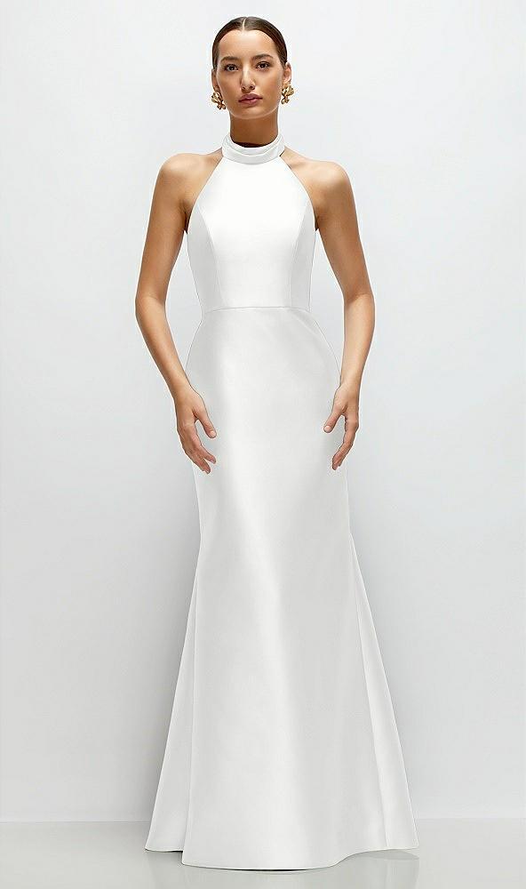 high-neck halter open-back satin trumpet dress