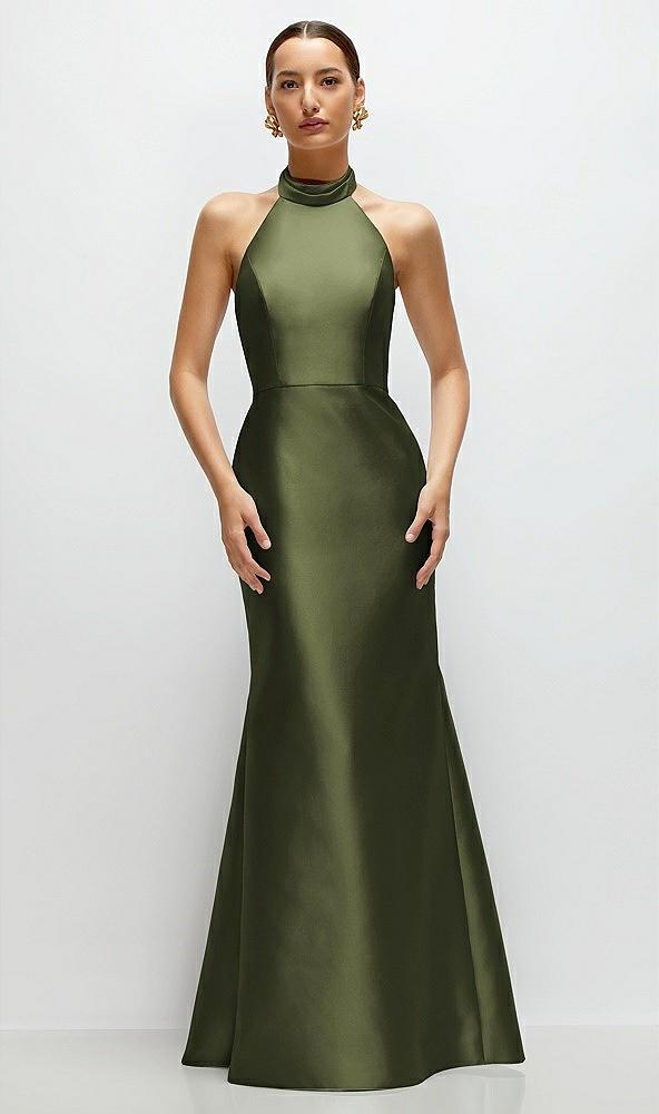 high-neck halter open-back satin trumpet dress