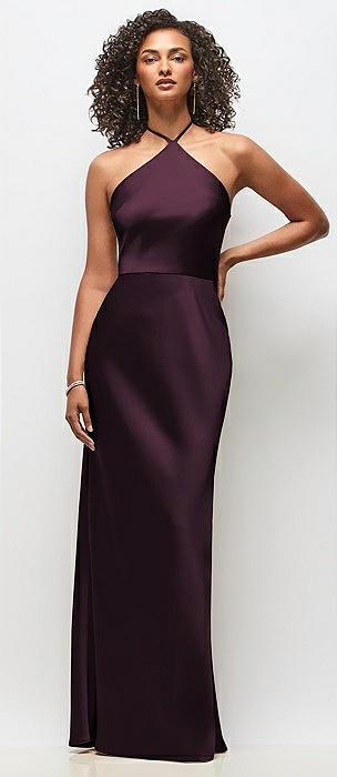 high-neck halter stretch satin maxi dress with bias a-line skirt