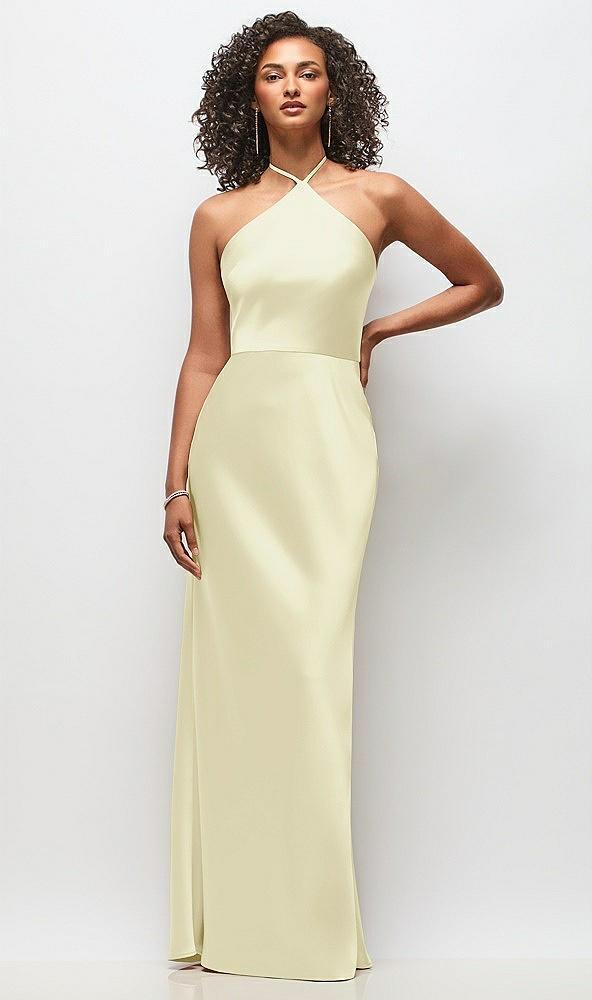 high-neck halter stretch satin maxi dress with bias a-line skirt