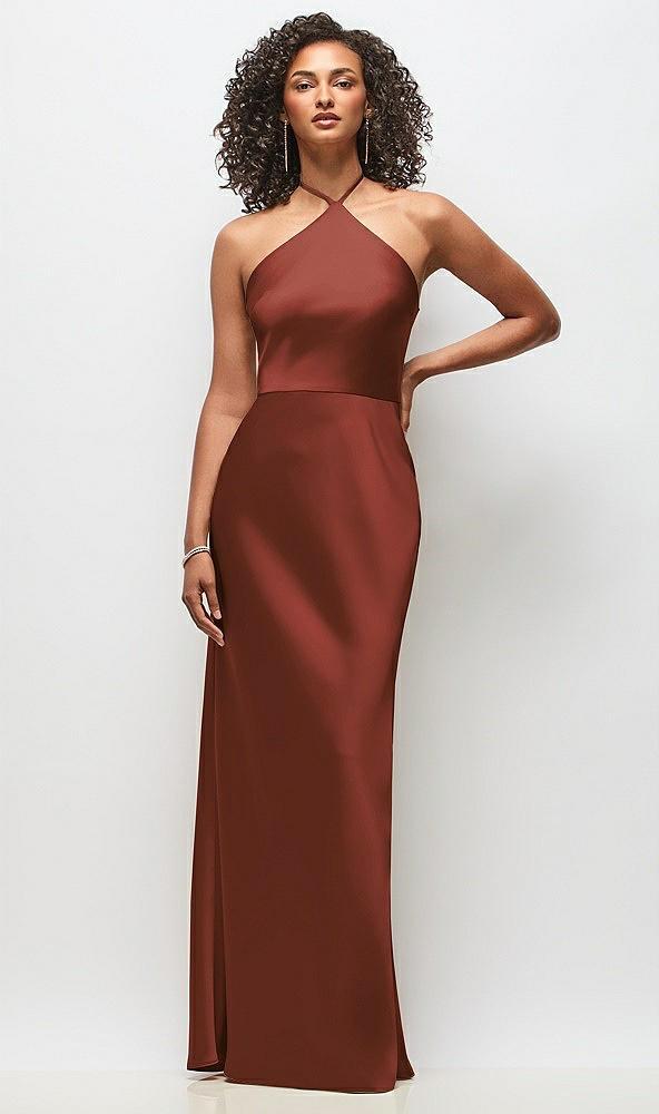 high-neck halter stretch satin maxi dress with bias a-line skirt