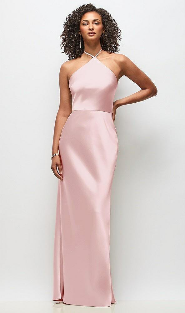 high-neck halter stretch satin maxi dress with bias a-line skirt
