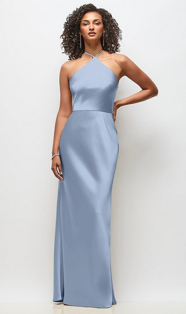 high-neck halter stretch satin maxi dress with bias a-line skirt