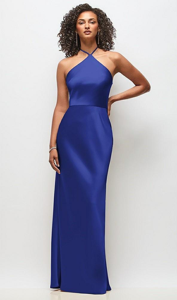 high-neck halter stretch satin maxi dress with bias a-line skirt
