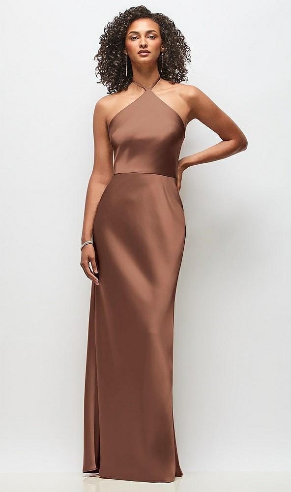 high-neck halter stretch satin maxi dress with bias a-line skirt
