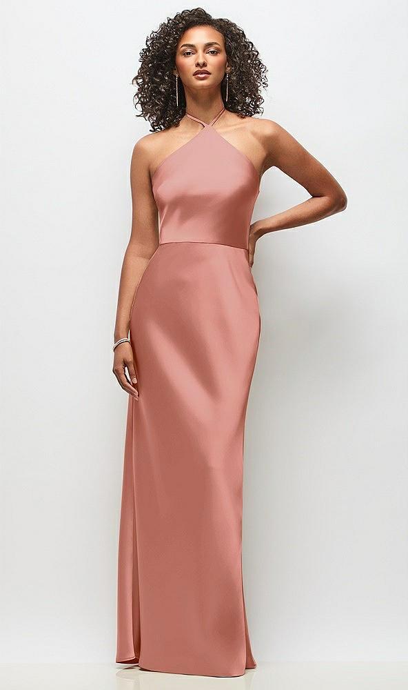 high-neck halter stretch satin maxi dress with bias a-line skirt