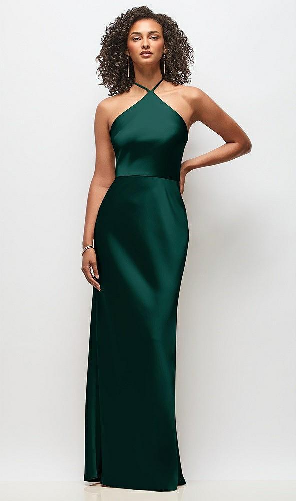 high-neck halter stretch satin maxi dress with bias a-line skirt