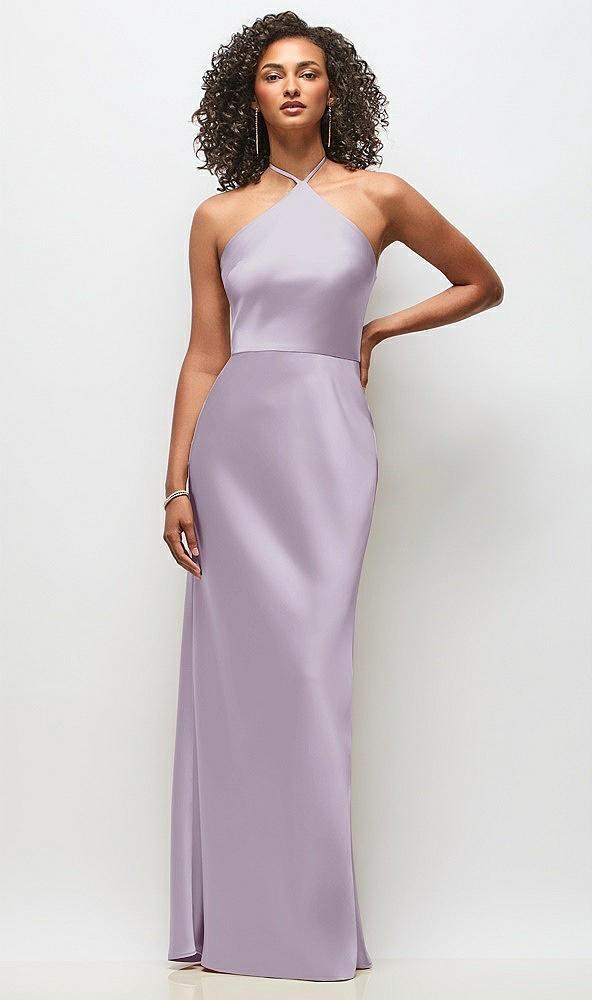 high-neck halter stretch satin maxi dress with bias a-line skirt