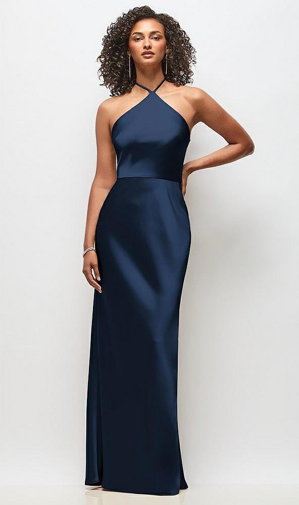 high-neck halter stretch satin maxi dress with bias a-line skirt