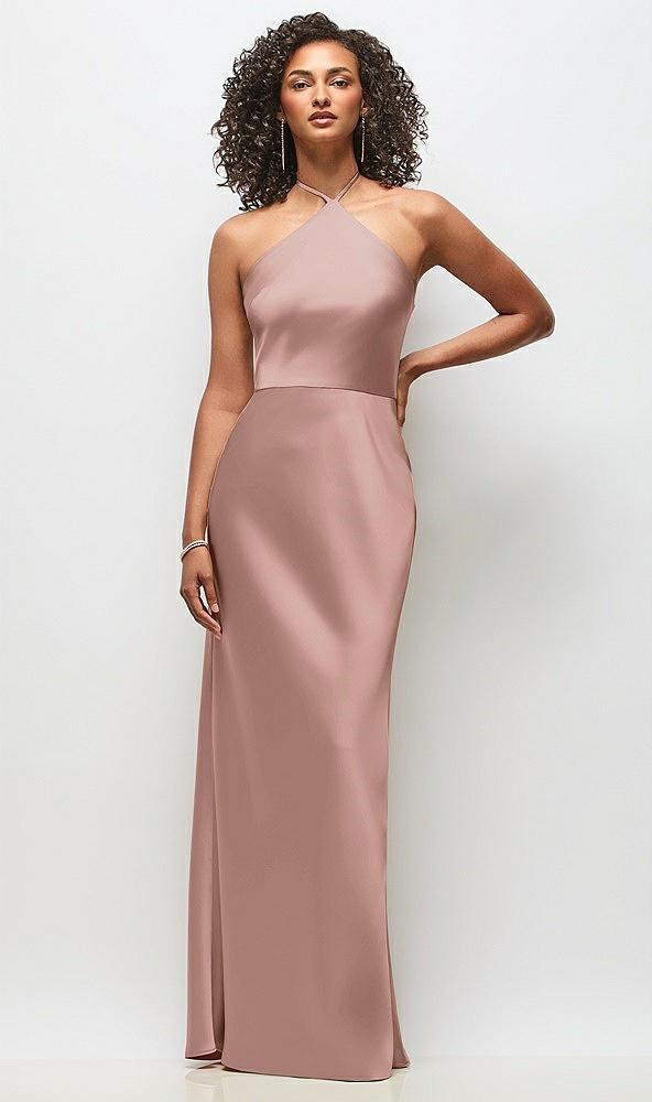 high-neck halter stretch satin maxi dress with bias a-line skirt
