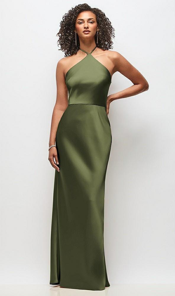 high-neck halter stretch satin maxi dress with bias a-line skirt